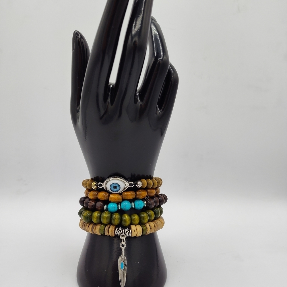 Hamsa Beaded 5-piece Bracelet Set with Turquoise & Silver Feather Dangle Detail - Picture 2 of 4
